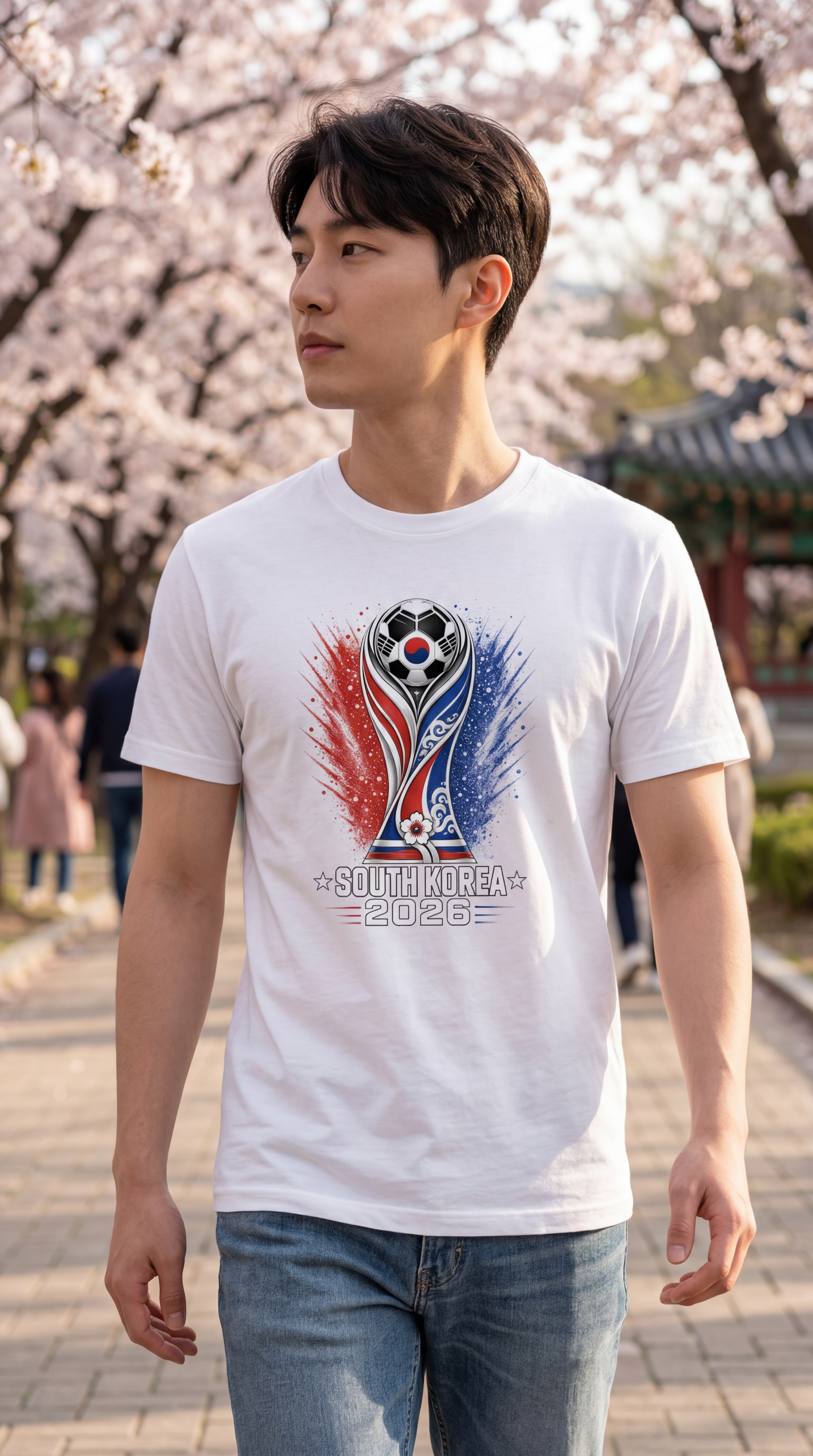 South Korea football fan shirt with cherry blossom background