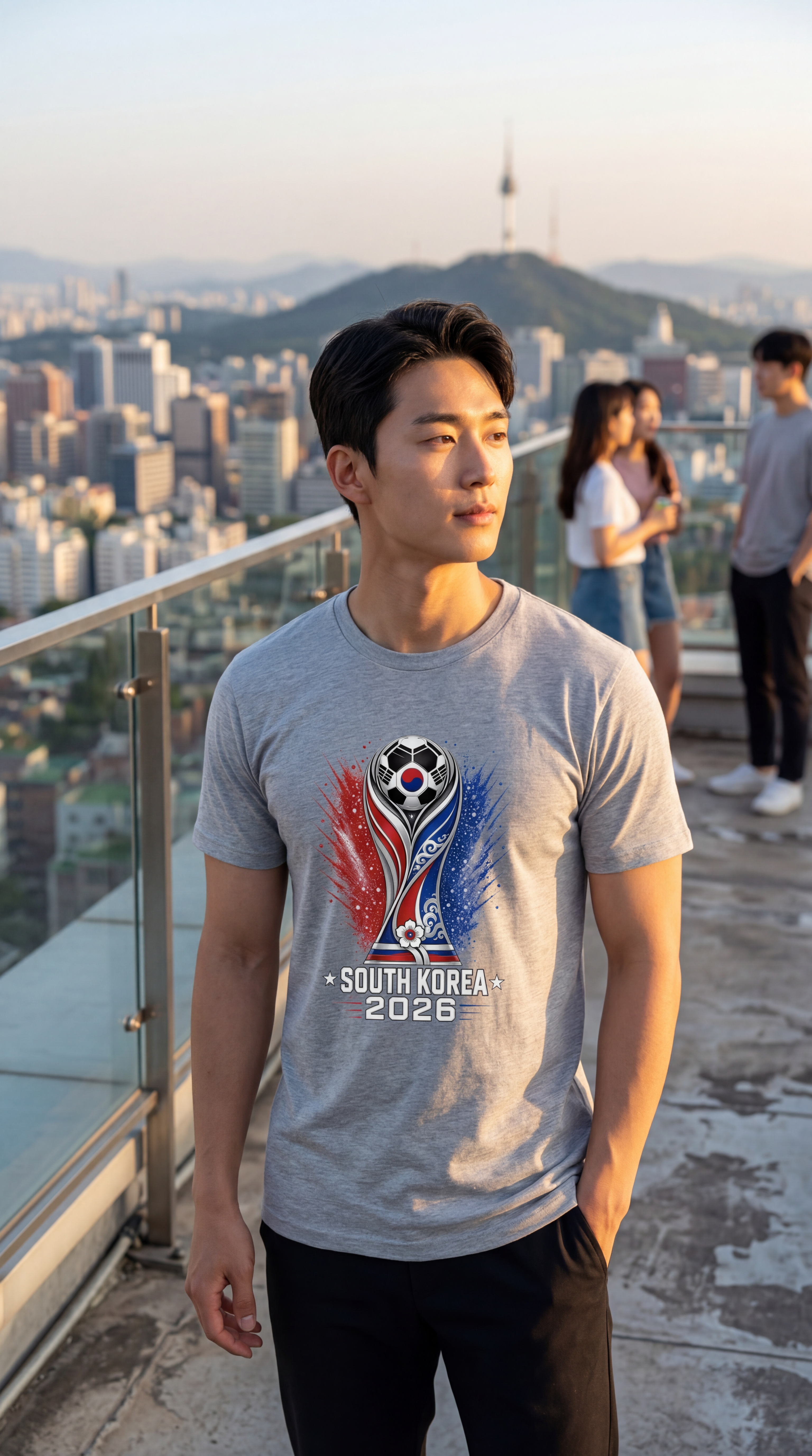 South Korea soccer shirt overlooking Seoul skyline