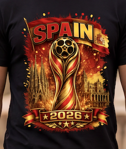 A close-up of a black t-shirt featuring a large graphic print for the 2026 FIFA World Cup in Spain. The design includes the word 'SPAIN' in bold red letters at the top, a golden soccer trophy in the center, and the year '2026' on a banner at the bottom, with warm red, orange, and gold tones throughout.