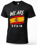 A black short-sleeve crewneck t-shirt featuring a distressed graphic of the Spanish flag with the text 'WE ARE' above and 'SPAIN' below in white.