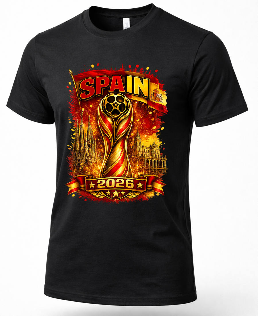 A black short-sleeve crewneck t-shirt featuring a large graphic print of the 2026 FIFA World Cup in Spain. The graphic displays the FIFA World Cup trophy, the word 'SPAIN' in bold red letters, the year '2026', and iconic landmarks of the host cities, all set against a fiery red, orange, and yellow background.
