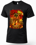 A black short-sleeve crewneck t-shirt featuring a large graphic print of the 2026 FIFA World Cup in Spain. The graphic displays the FIFA World Cup trophy, the word 'SPAIN' in bold red letters, the year '2026', and iconic landmarks of the host cities, all set against a fiery red, orange, and yellow background.