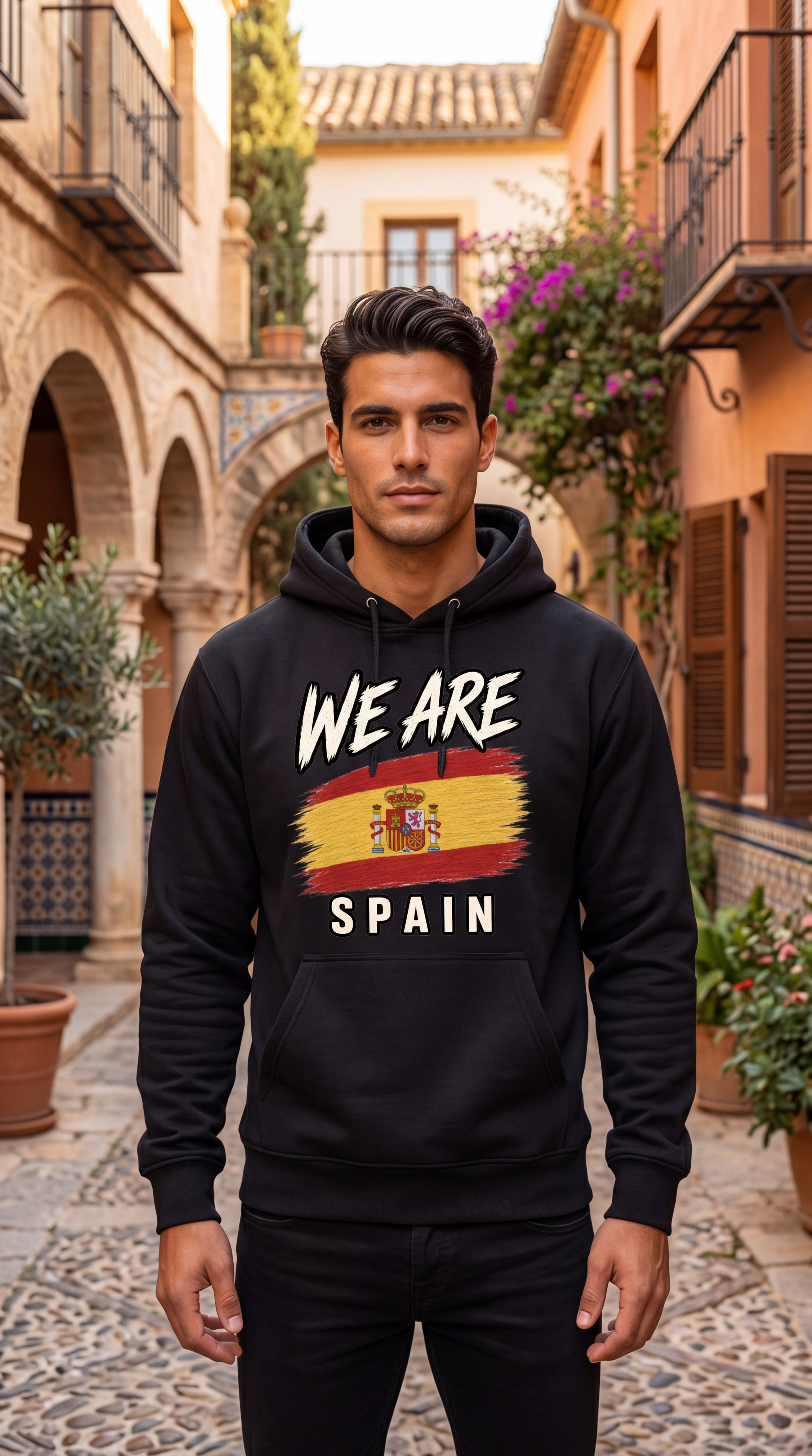 A man wearing a black hoodie with a 'WE ARE SPAIN' graphic featuring the Spanish flag stands in a sunny, historic European alleyway.