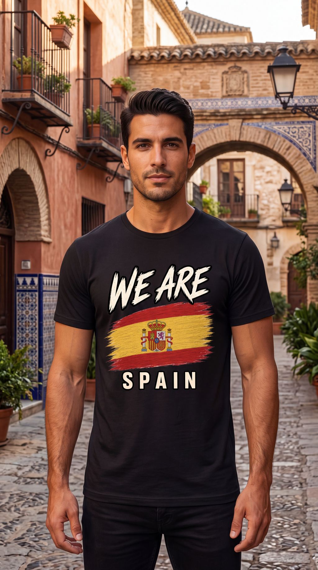 A man wearing a black graphic t-shirt with 'WE ARE SPAIN' and a distressed Spanish flag design, standing in a historic European street with arches and tiled walls.