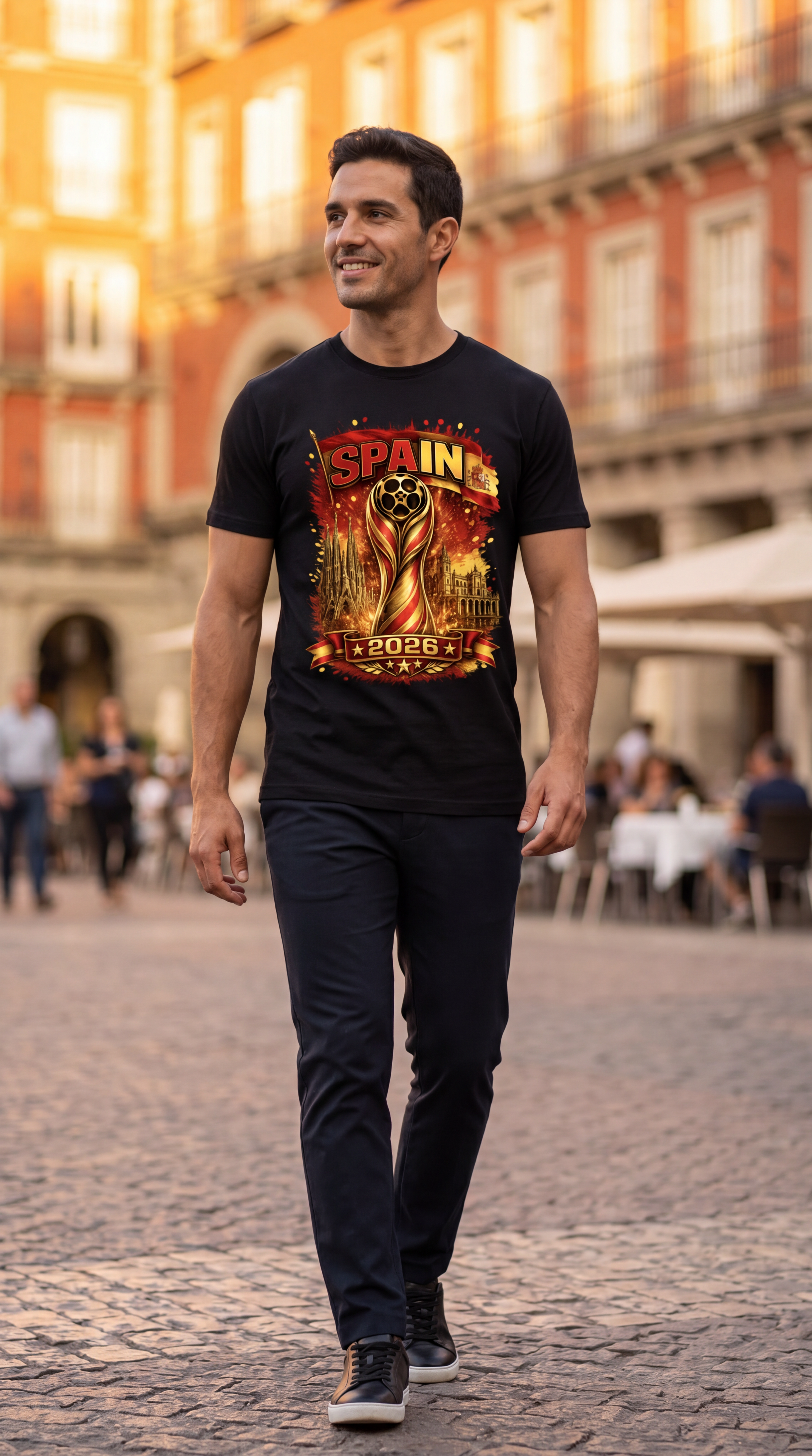 A man walking in a cobblestone plaza wearing a black t-shirt with a vibrant 'Spain 2026' UEFA Champions League graphic print, paired with dark pants and sneakers.