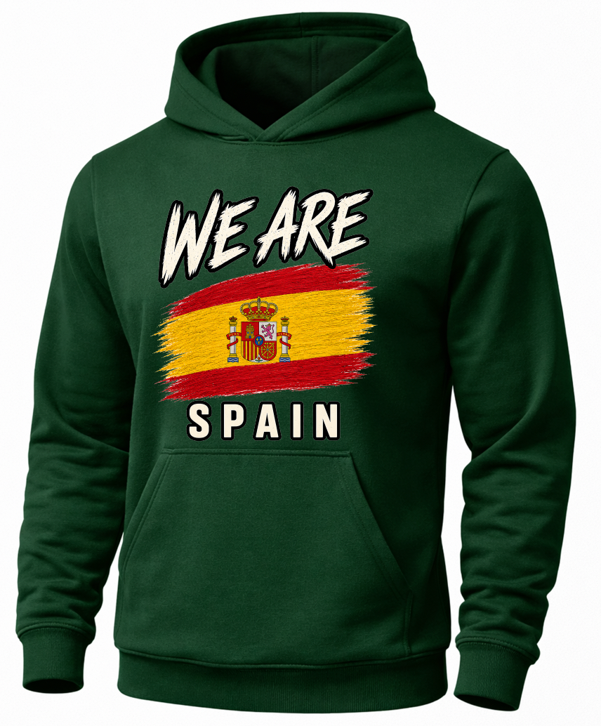 A dark green pullover hoodie with a graphic print on the front featuring the text 'WE ARE' above a Spanish flag design and 'SPAIN' below, shown on a plain white background.
