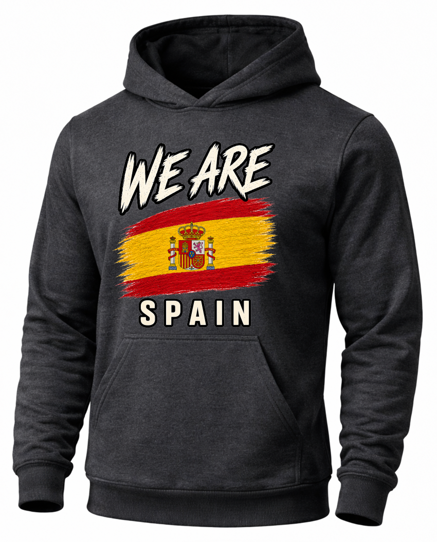A dark gray heather pullover hoodie featuring a graphic print of the Spanish flag with the text 'WE ARE' above and 'SPAIN' below, displayed on a clean white background.