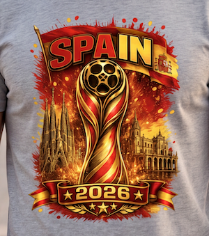 A close-up of a heather gray t-shirt featuring a large graphic print for the 2026 FIFA World Cup in Spain. The graphic includes the word 'SPAIN' in bold red letters, the Spanish flag, the FIFA trophy, Gothic cathedral silhouettes, and '2026' on a banner at the bottom.