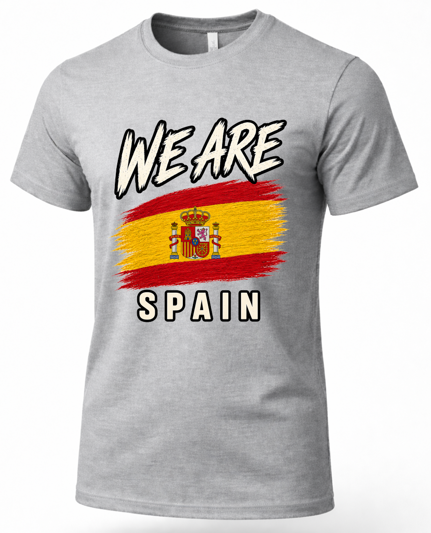 A heather gray short-sleeve t-shirt with a graphic print featuring the text 'WE ARE SPAIN' and a stylized Spanish flag design in red and yellow.