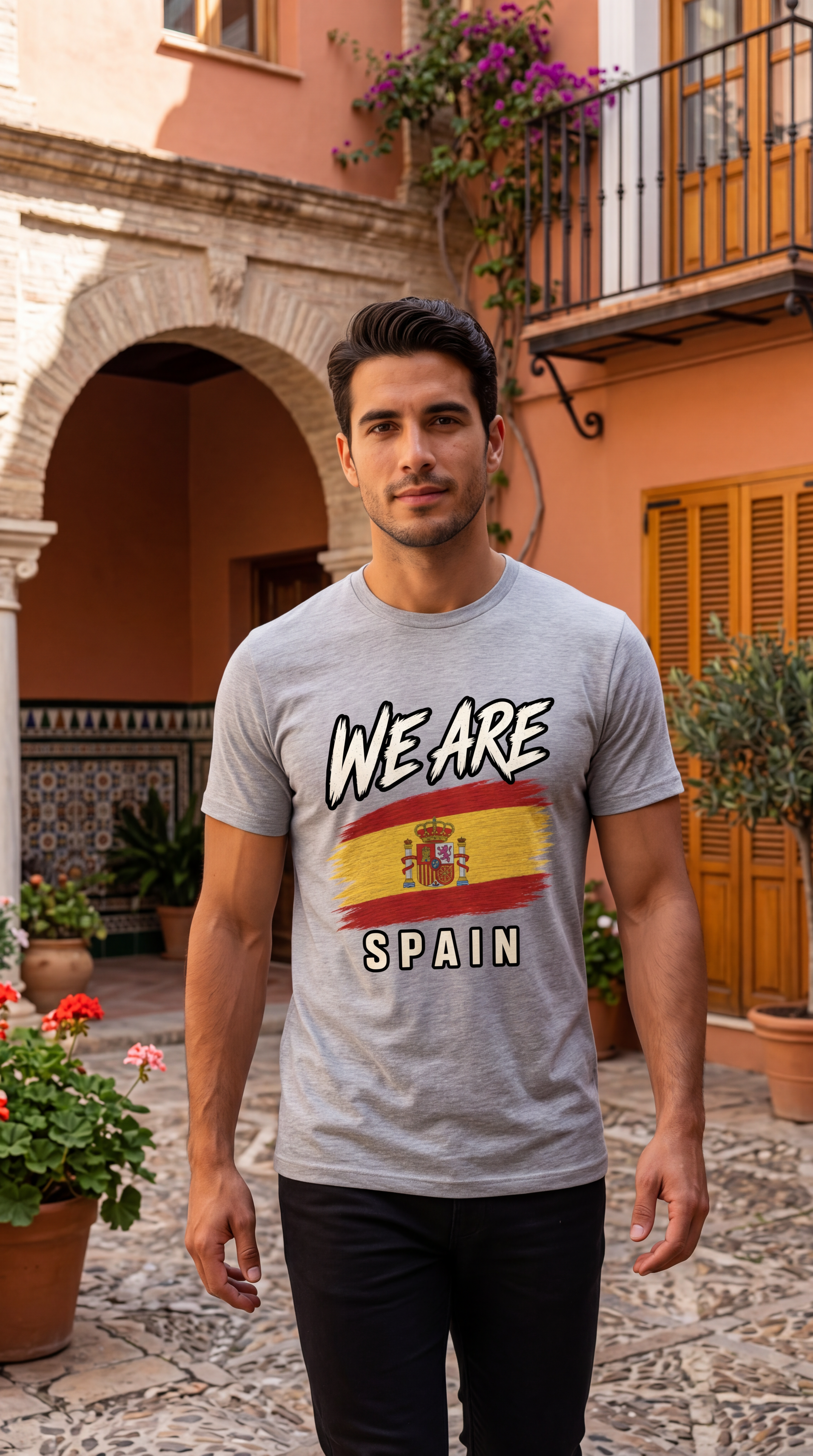 A man wearing a heather gray graphic t-shirt with 'WE ARE SPAIN' and a Spanish flag design, standing in a sunny courtyard with a warm-toned building in the background.