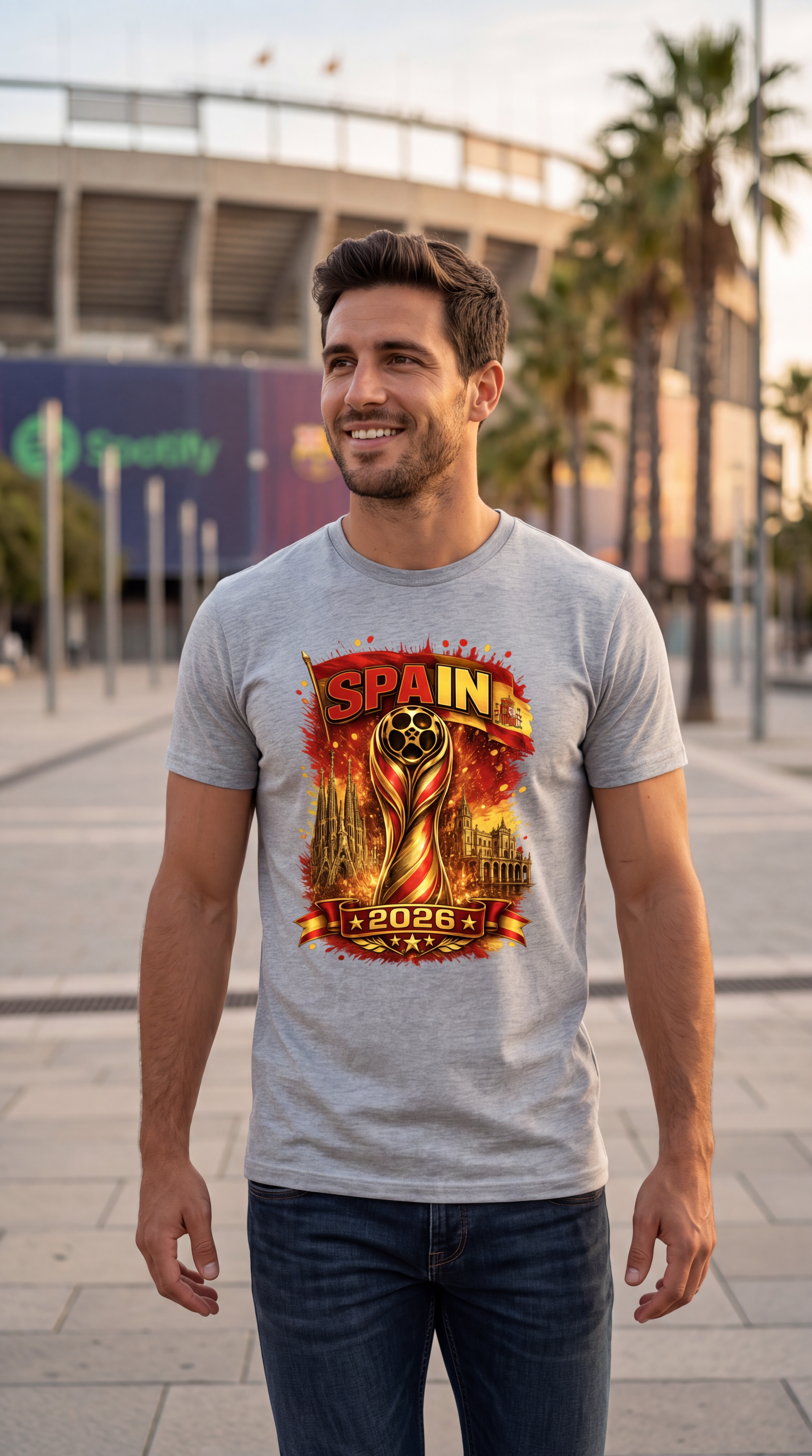 A man wearing a light gray t-shirt with a vibrant red, orange, and yellow graphic of the 2026 FIFA World Cup in Spain, standing outdoors in a sunny plaza with palm trees and a stadium in the background.