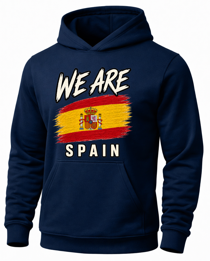 A navy blue pullover hoodie featuring a graphic print on the front with the text 'WE ARE' above a distressed Spanish flag and the word 'SPAIN' below.