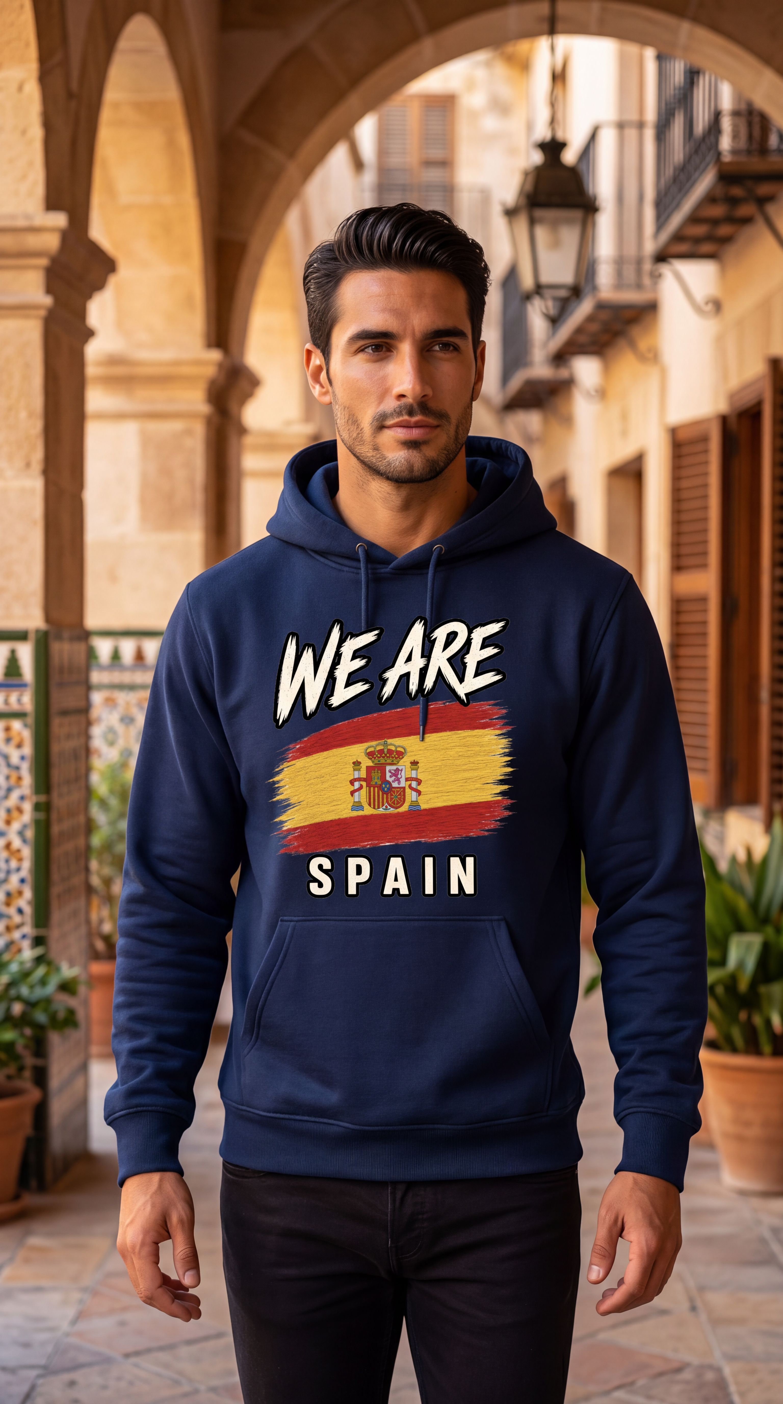 A man wearing a navy blue hoodie with a 'WE ARE SPAIN' graphic featuring the Spanish flag, standing in a sunny stone courtyard with arches.