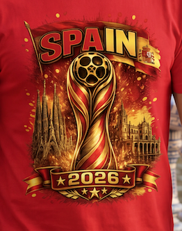 A close-up of a red t-shirt featuring a detailed graphic print for the 2026 FIFA World Cup in Spain. The graphic includes the word 'SPAIN' in bold letters, the FIFA World Cup trophy, Gothic cathedral silhouettes, and the year '2026' on a banner.