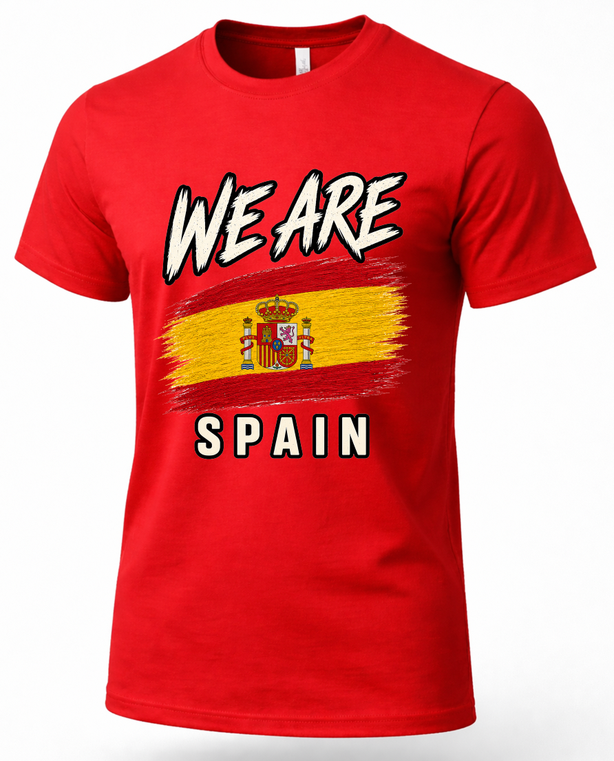 A red short-sleeve crewneck t-shirt featuring a graphic print of the Spanish flag with the text 'WE ARE' above and 'SPAIN' below in a bold white font with black outlines.