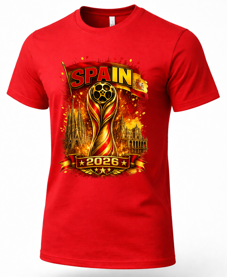 A red short-sleeve crewneck t-shirt featuring a large graphic print of the 2026 FIFA World Cup in Spain, with the Spanish flag, the FIFA trophy, and city silhouettes.