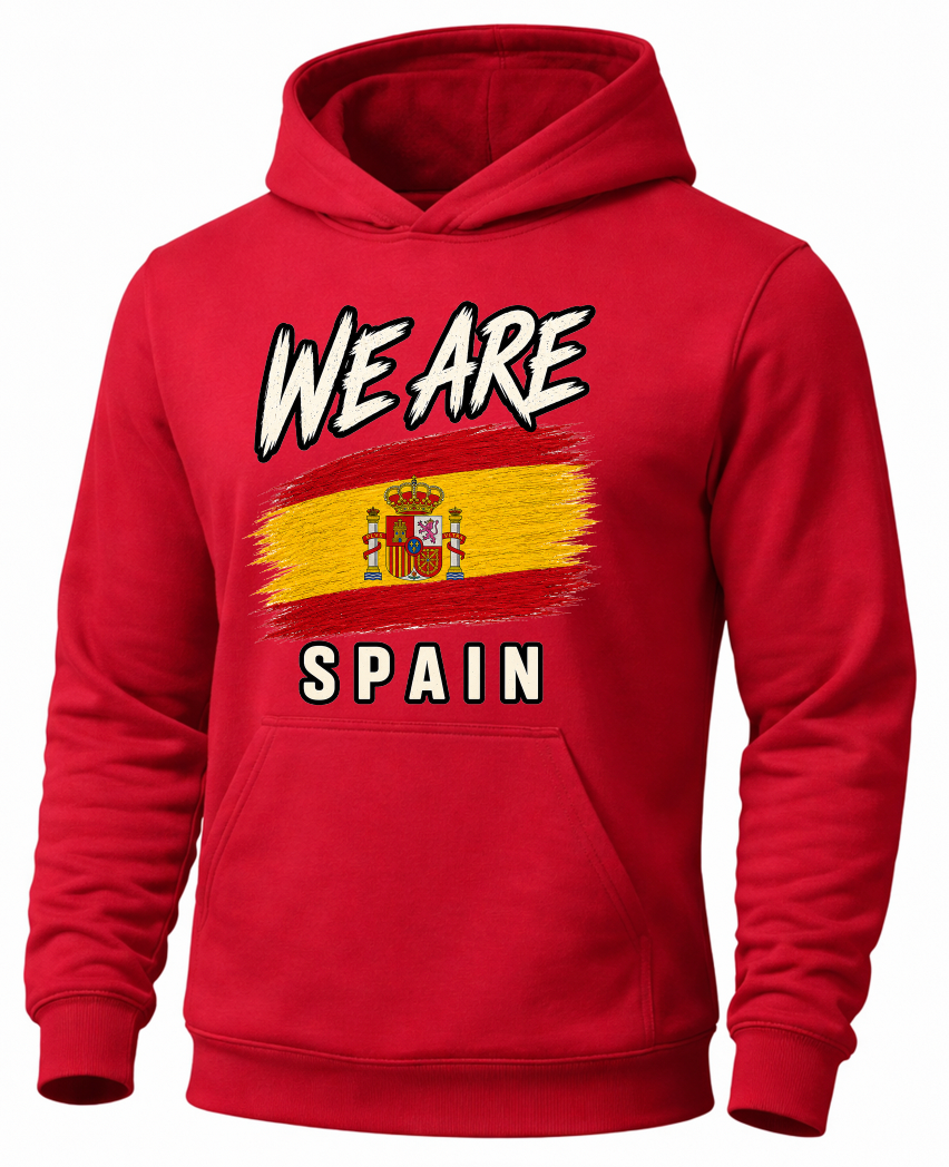 A red pullover hoodie featuring a graphic print of the Spanish flag with the text 'WE ARE' above and 'SPAIN' below, shown on a plain white background.