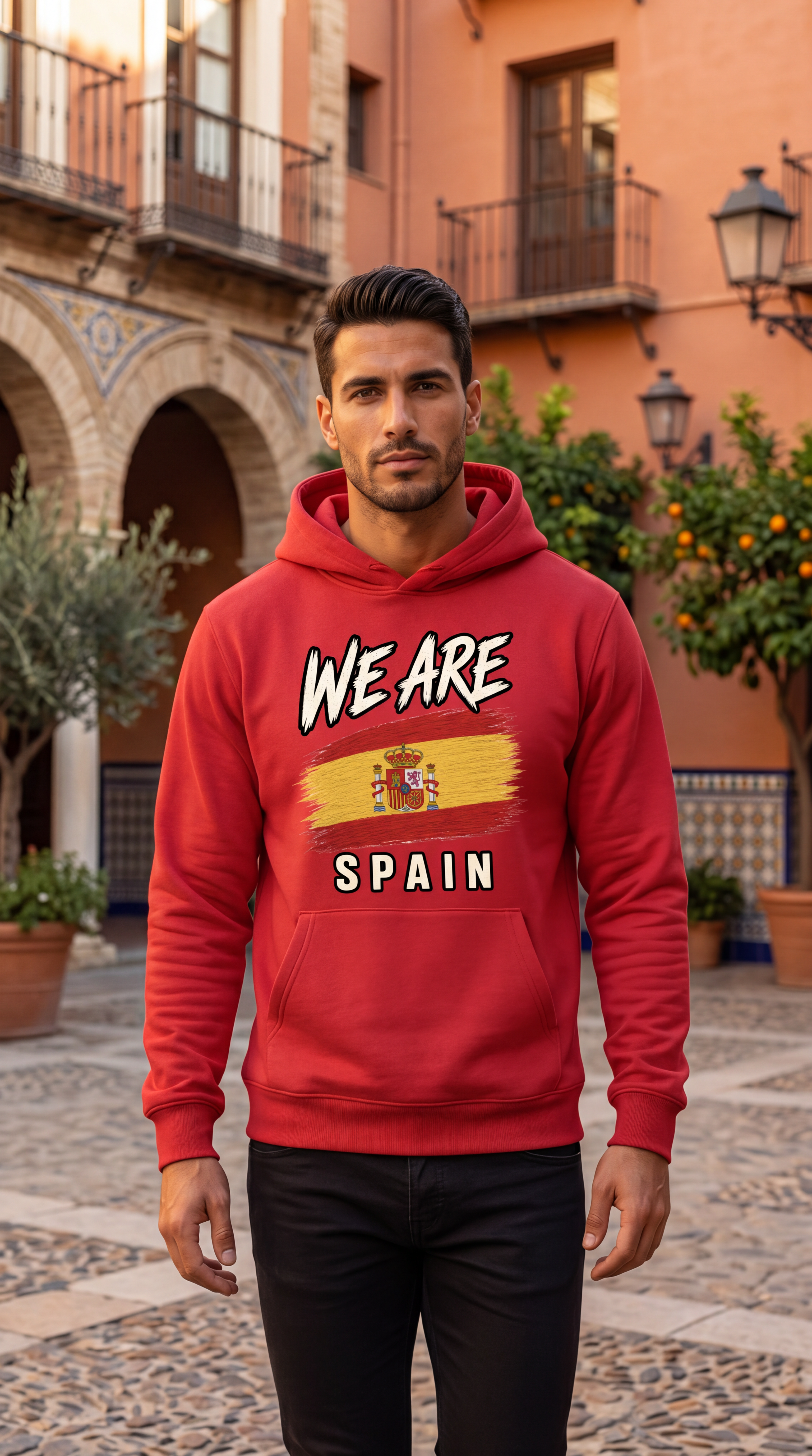 A man wearing a red hoodie with 'WE ARE SPAIN' and a Spanish flag graphic on the front, standing in a sunny outdoor courtyard with warm-toned buildings and potted plants.
