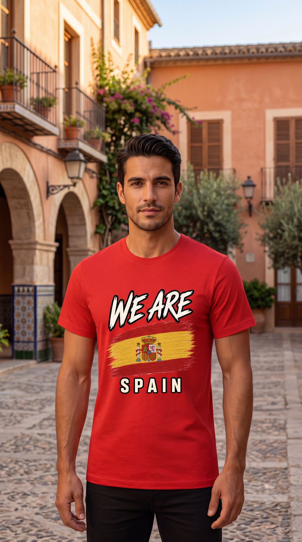 A man wearing a red graphic t-shirt with 'WE ARE SPAIN' and a stylized Spanish flag design, standing in a sunny, historic European street with warm-toned buildings.