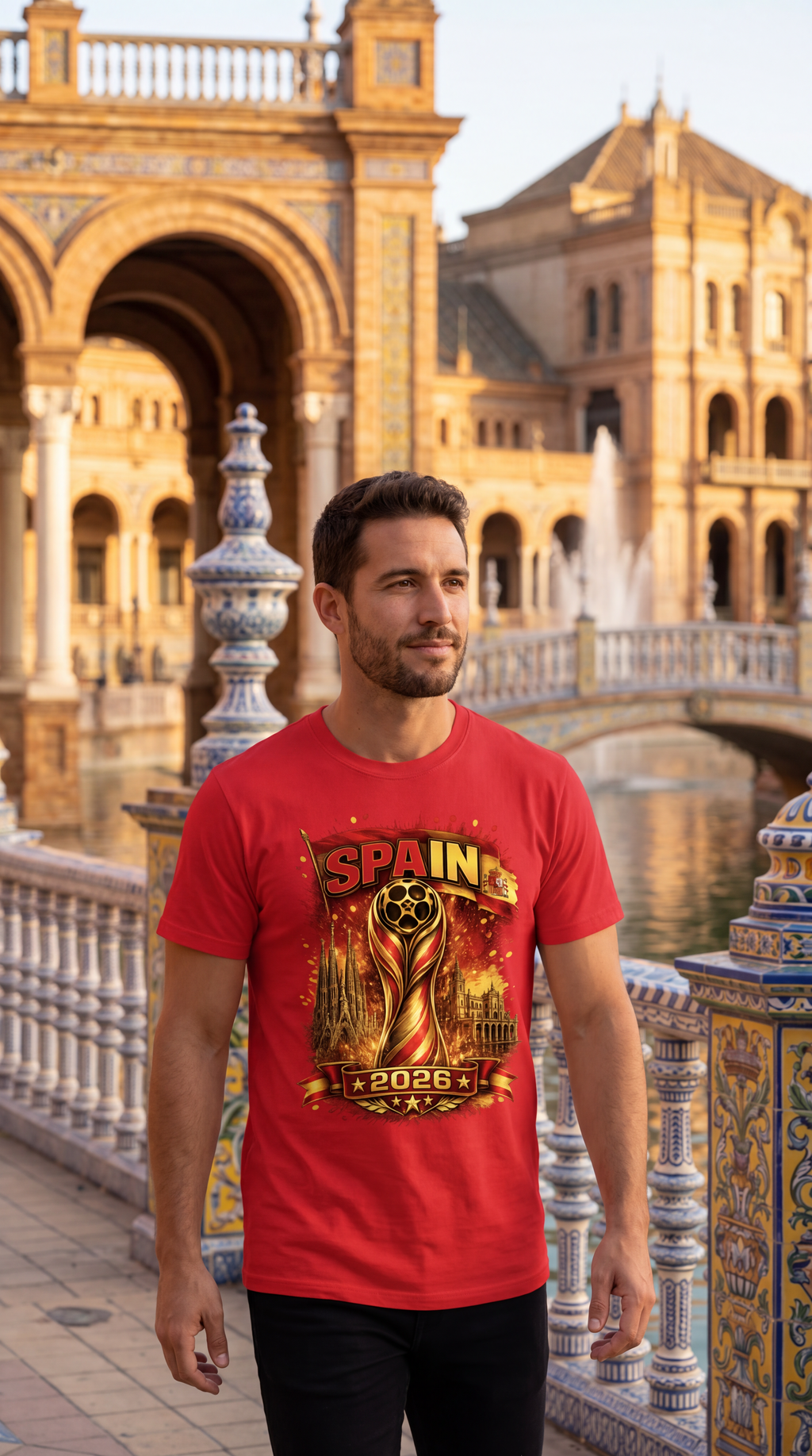 A man wearing a red graphic t-shirt with a 'Spain 2026 FIFA World Cup' design, standing in front of the Plaza de España in Seville, Spain.