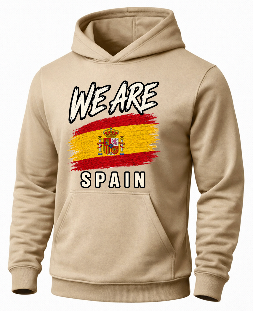A beige pullover hoodie featuring a graphic print of the Spanish flag with the text 'WE ARE' above and 'SPAIN' below, displayed on a clean white background.