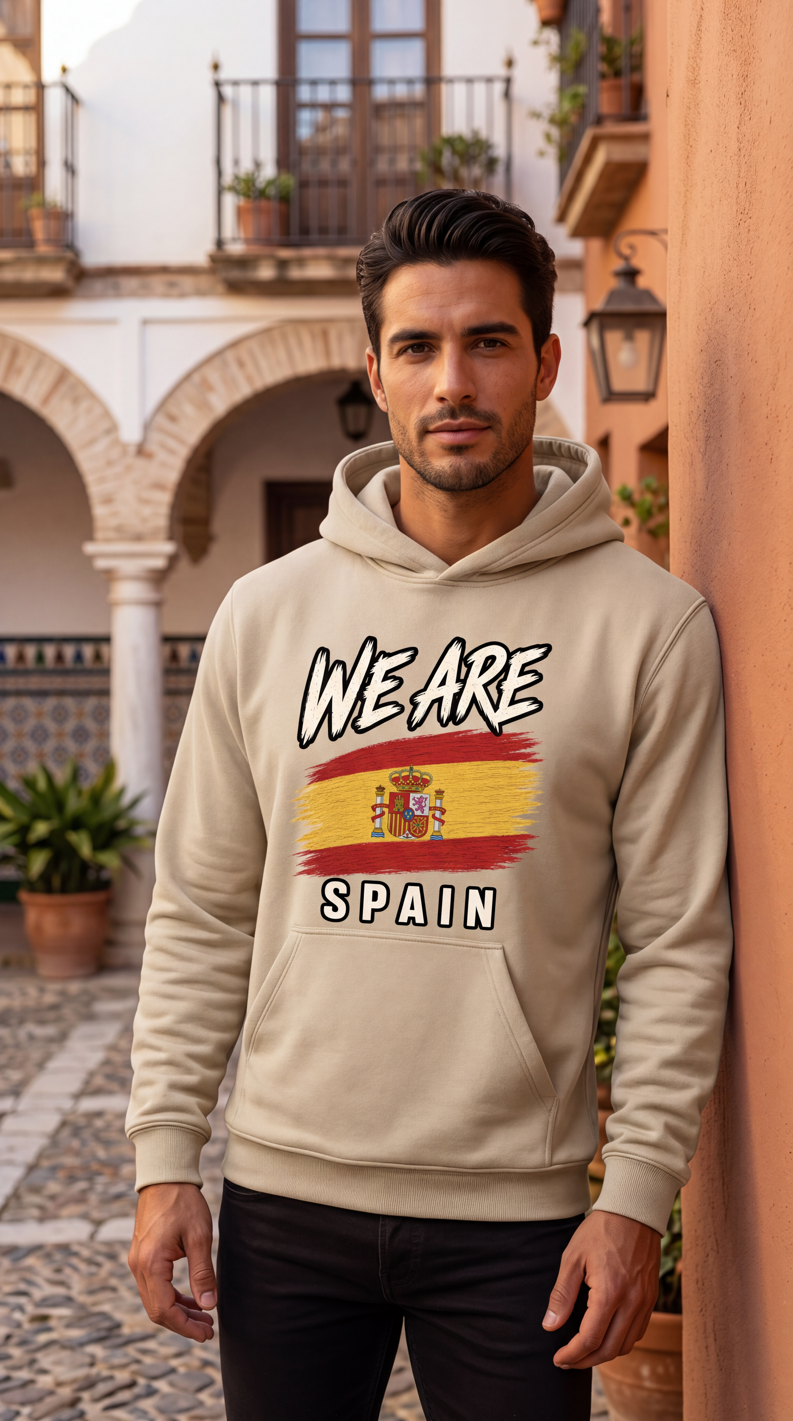 A man wearing a beige hoodie with a graphic print that reads 'WE ARE SPAIN' and features a stylized Spanish flag, standing in a sunny courtyard with traditional architecture.