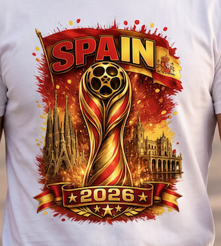 A close-up of a white T-shirt featuring a large, detailed graphic print for the 2026 FIFA World Cup in Spain. The graphic showcases the Spanish national team crest, the FIFA World Cup trophy, Gothic cathedral silhouettes, and fiery red, orange, and yellow paint splatters with the text 'SPAIN 2026'.