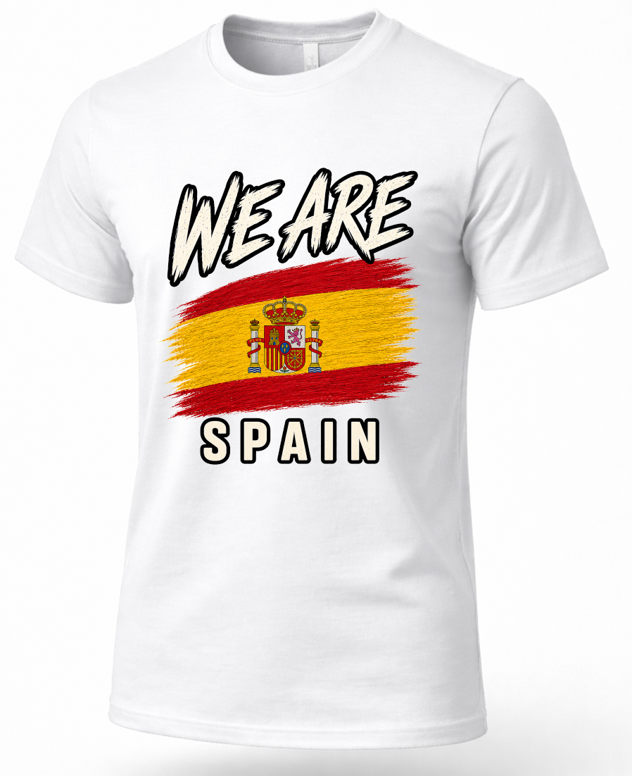 A white short-sleeve crewneck t-shirt featuring a graphic print of the Spanish flag with the text 'WE ARE' above and 'SPAIN' below in a stylized black-and-white font.