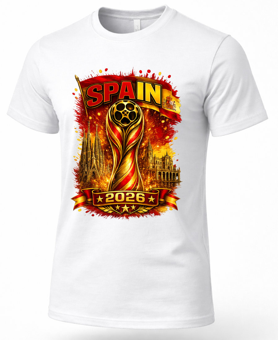 A white short-sleeve crewneck t-shirt featuring a large, vibrant graphic print on the front. The graphic depicts the UEFA Champions League trophy with a soccer ball, surrounded by the word 'SPAIN', the year '2026', and stylized city silhouettes in a fiery red, orange, and yellow color scheme.