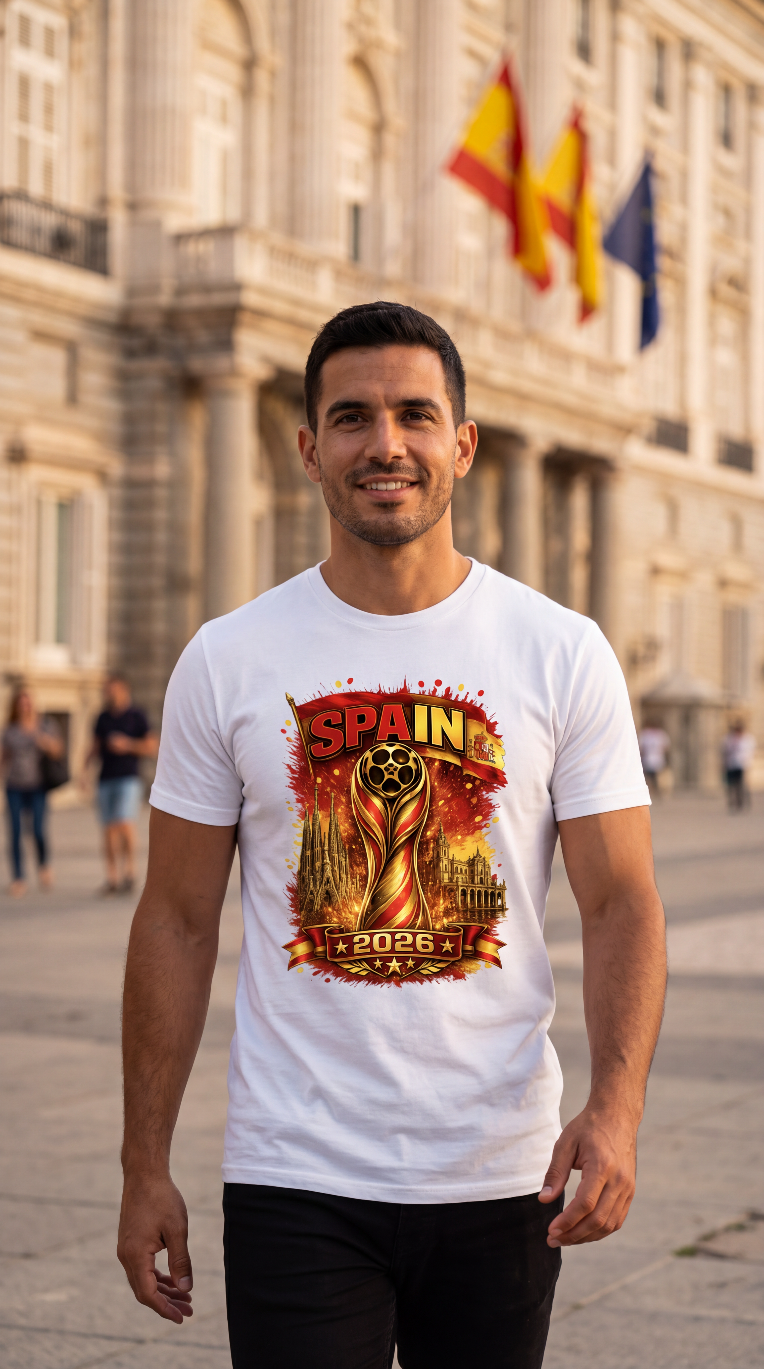 A man wearing a white t-shirt with a vibrant red, orange, and yellow graphic of the 2026 FIFA World Cup in Spain, standing in a public square with historic buildings and Spanish flags in the background.