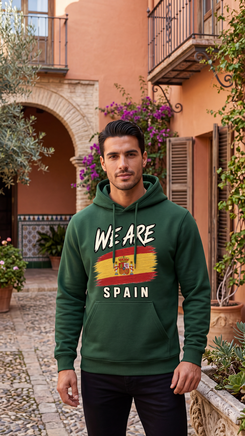 A man wearing a dark green hoodie with a 'WE ARE SPAIN' graphic featuring the Spanish flag stands in a sunlit courtyard with terracotta walls and potted plants.
