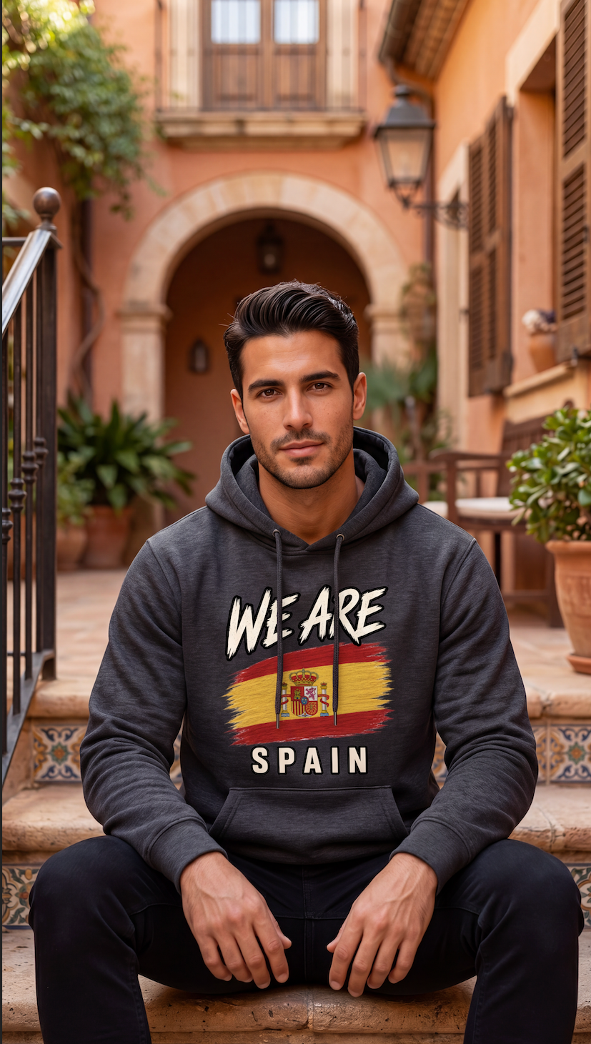 A man wearing a dark gray hoodie with a 'WE ARE SPAIN' graphic featuring the Spanish flag sits on stone steps in a sunny, Mediterranean-style courtyard.