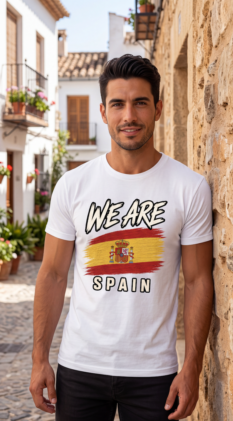 A man wearing a white graphic t-shirt with 'WE ARE SPAIN' and a stylized Spanish flag design, standing in a sunny, rustic European street.