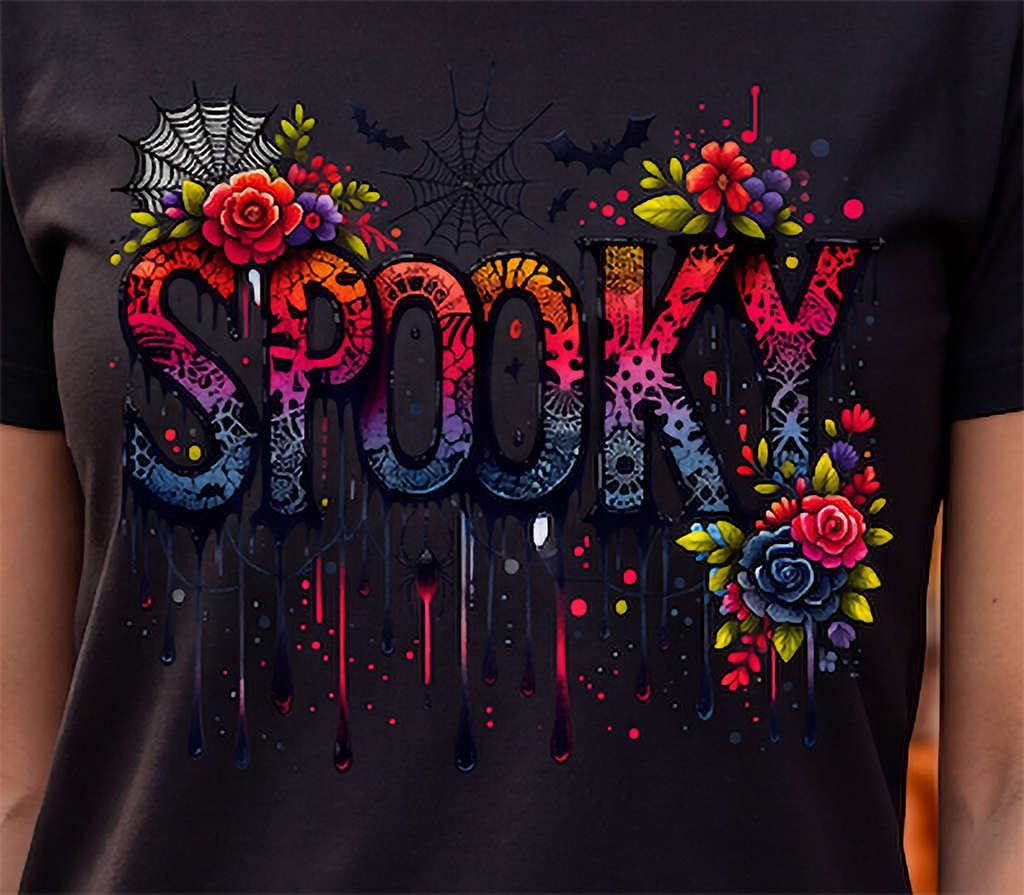 A close-up of a person wearing a black graphic T-shirt with the word "SPOOKY" in large dripping letters filled with colorful floral and spiderweb artwork. The shirt is shown on a model, with the torso and partial arms visible.