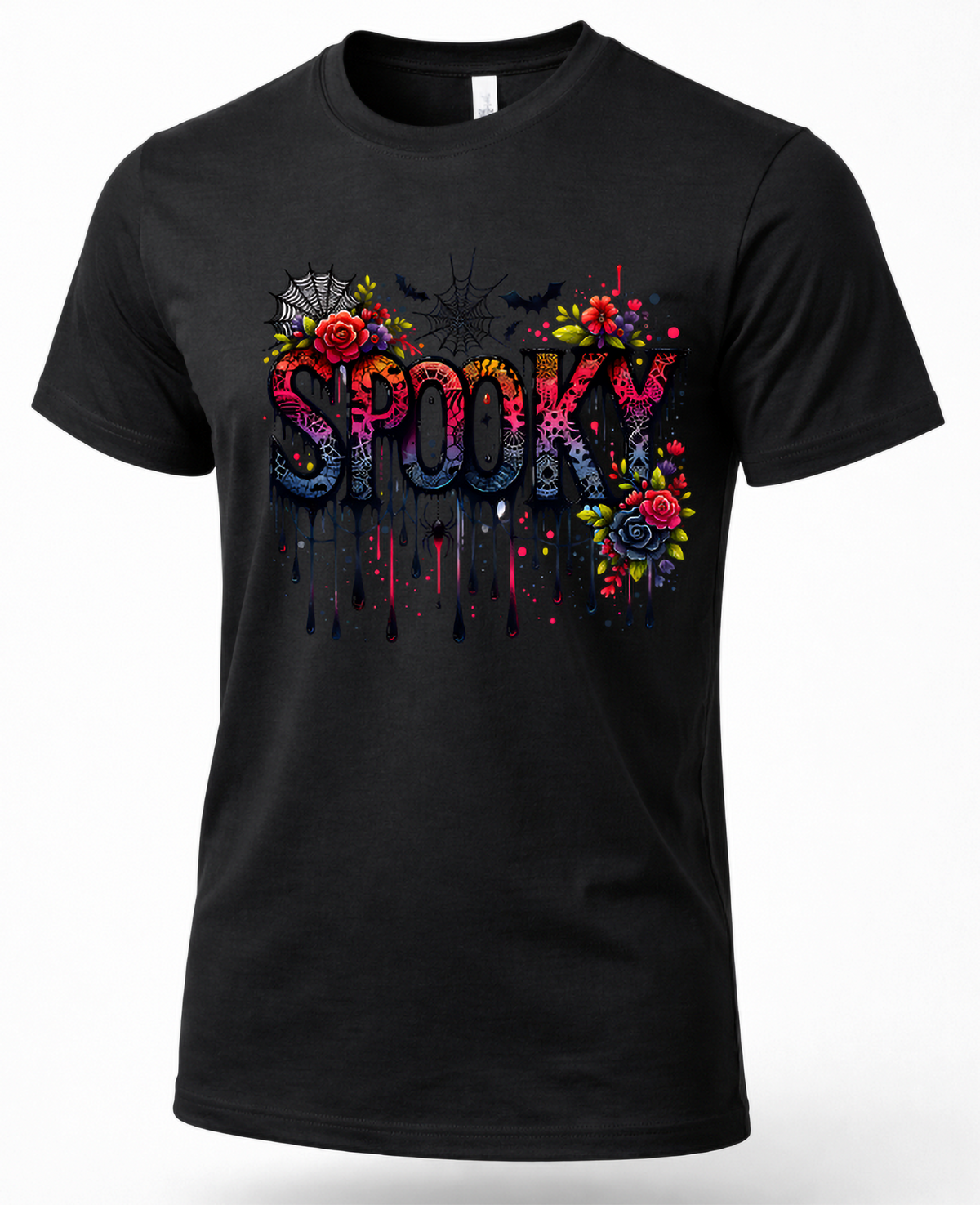 A black short-sleeve crewneck t-shirt featuring a colorful 'Spooky' graphic print with roses, bats, and spiderwebs on the front, set against a plain white background.