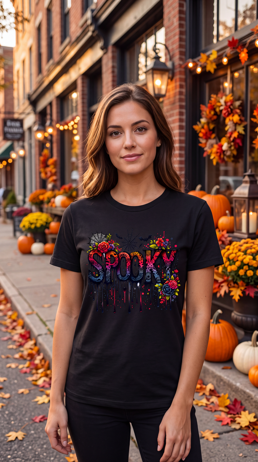 A woman stands on a city street wearing a black graphic T-shirt with colorful floral artwork and the word 'SPOOKY' across the chest. The background shows autumn storefronts, pumpkins, wreaths, and fallen leaves.