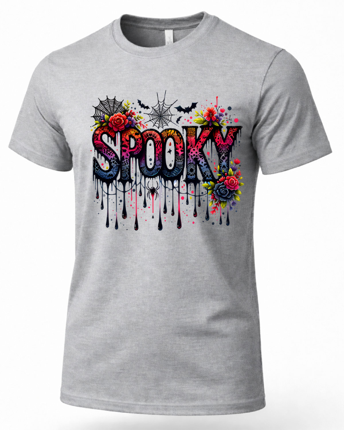A heather gray short-sleeve crewneck t-shirt featuring a colorful 'Spooky' graphic print on the chest with roses, bats, spiderwebs, and dripping paint details.