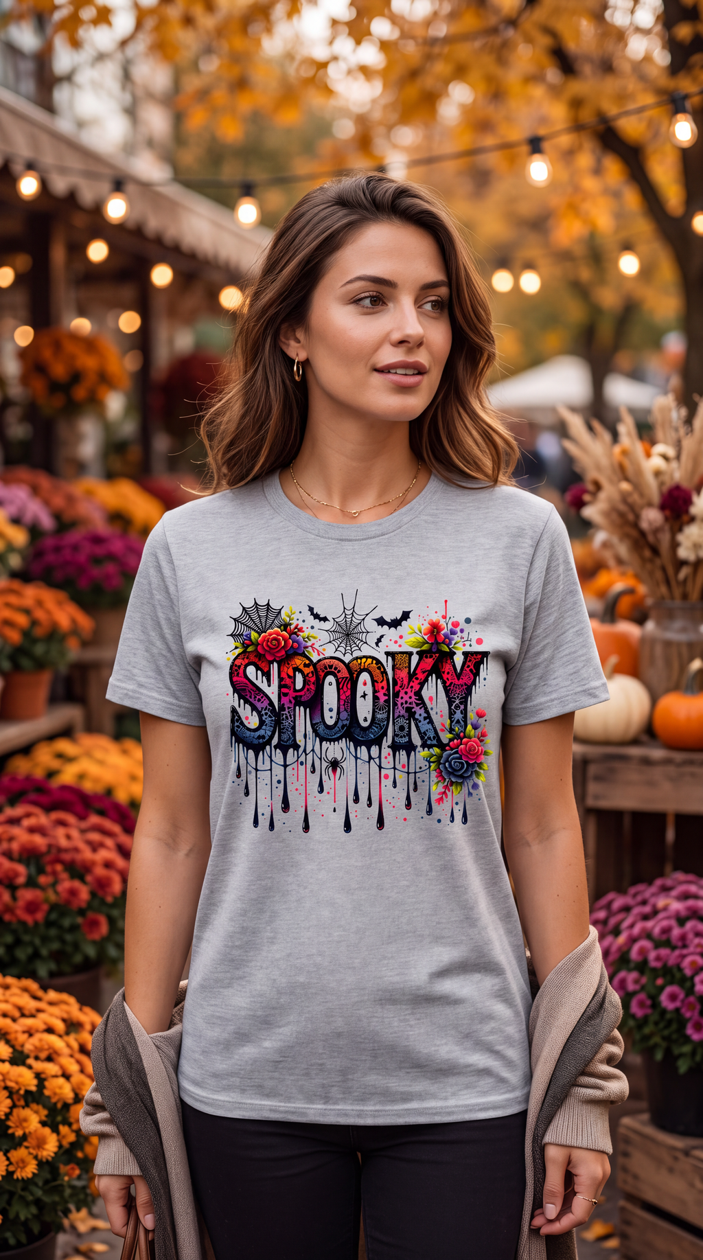 A woman wearing a light gray heather t-shirt with a colorful 'Spooky' graphic print, standing in an outdoor autumn market with flowers and pumpkins in the background.