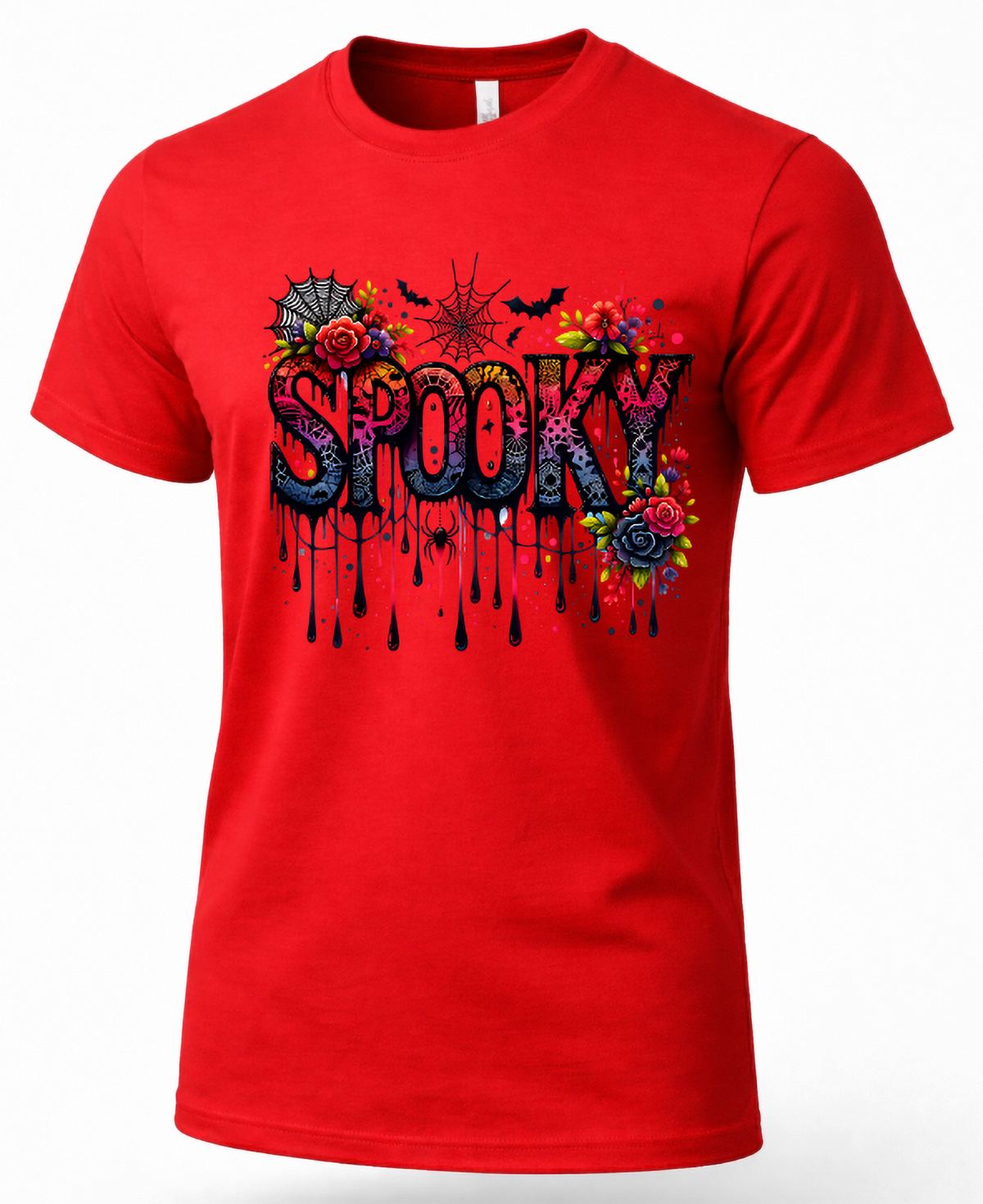 A red short-sleeve crewneck t-shirt featuring a colorful 'Spooky' graphic print with dripping black ink, flowers, spiders, and bats on the front, displayed on a clean white background.