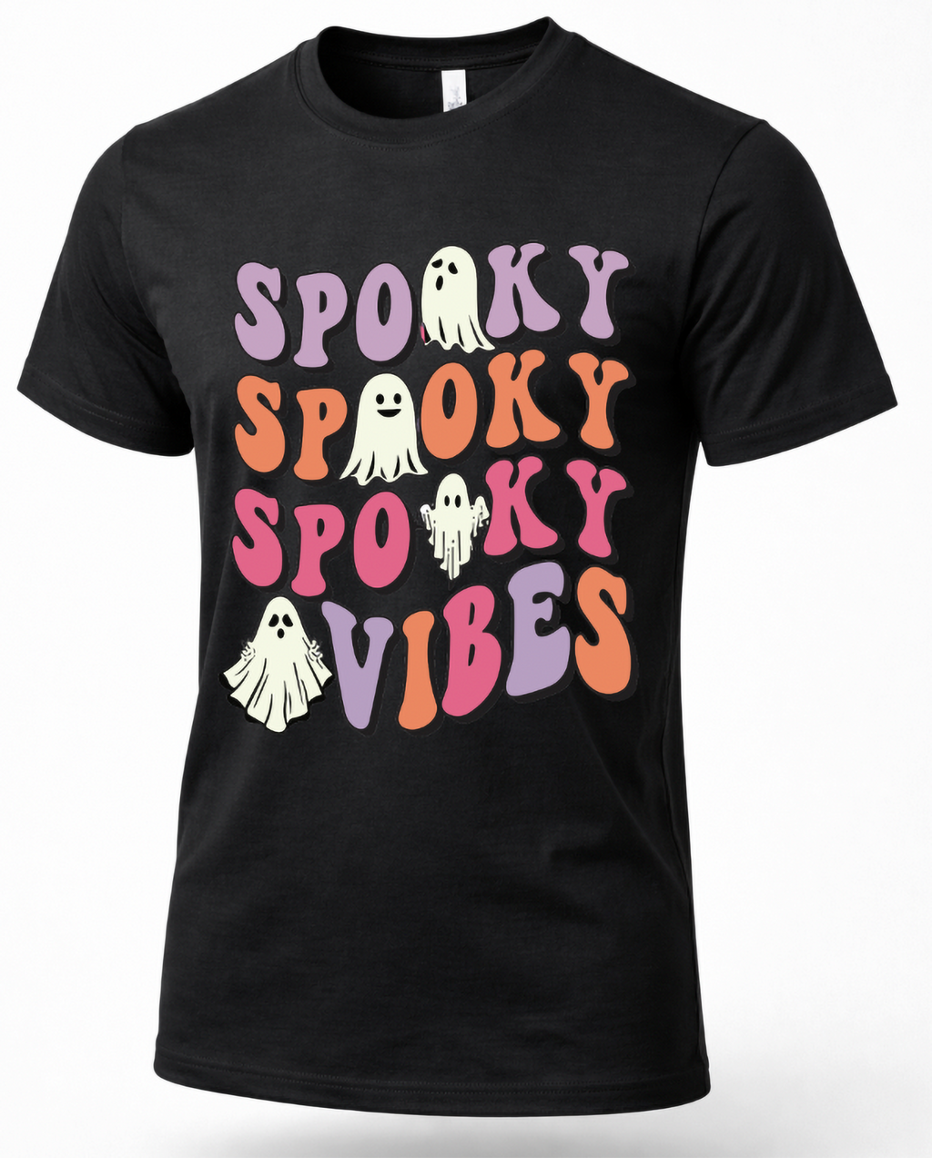 Black Spooky Vibes Halloween graphic T-shirt with colorful retro lettering and four cute ghost illustrations