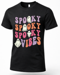 Black Spooky Vibes Halloween graphic T-shirt with colorful retro lettering and four cute ghost illustrations