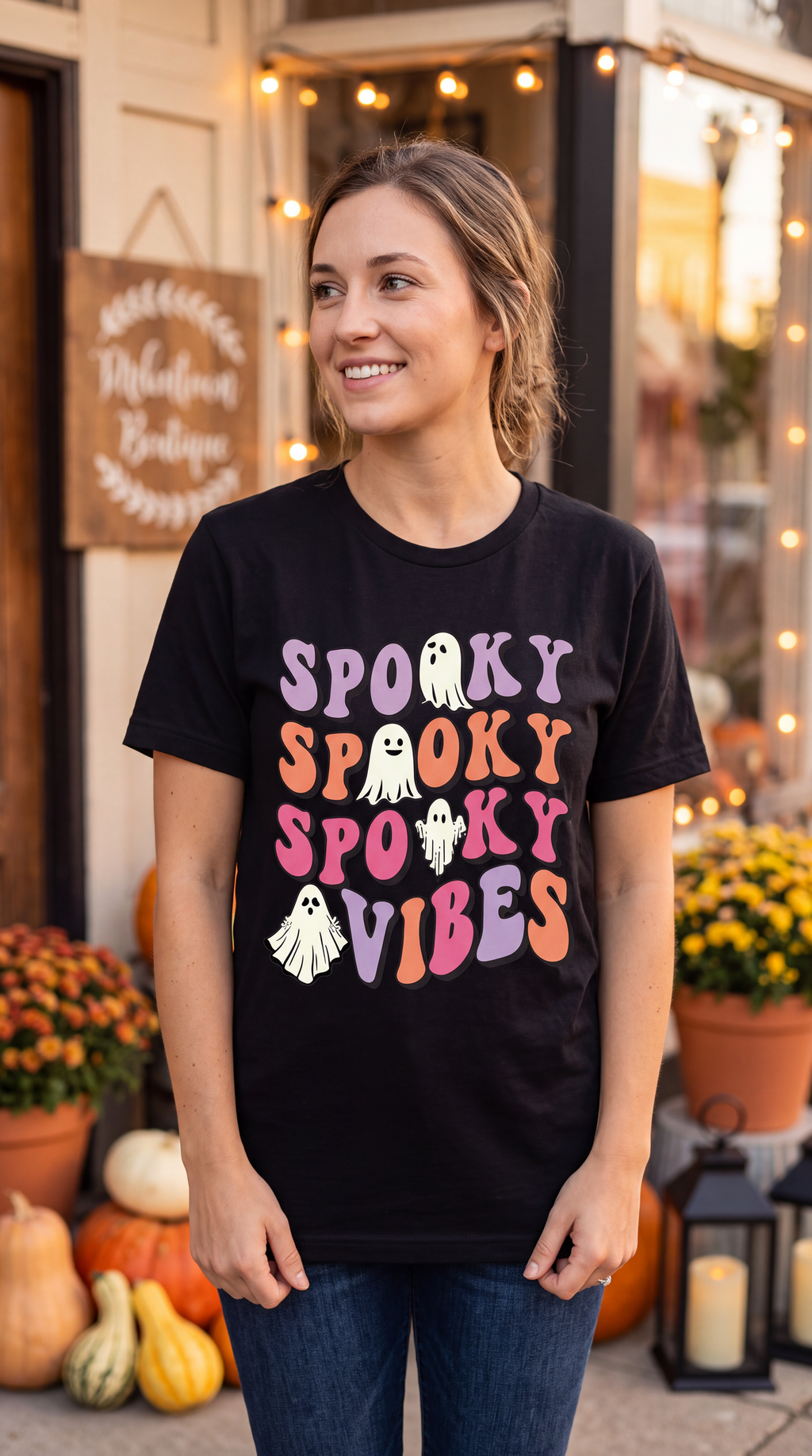 Woman wearing black Spooky Vibes Halloween shirt with colorful retro lettering and ghost graphics at a fall storefront