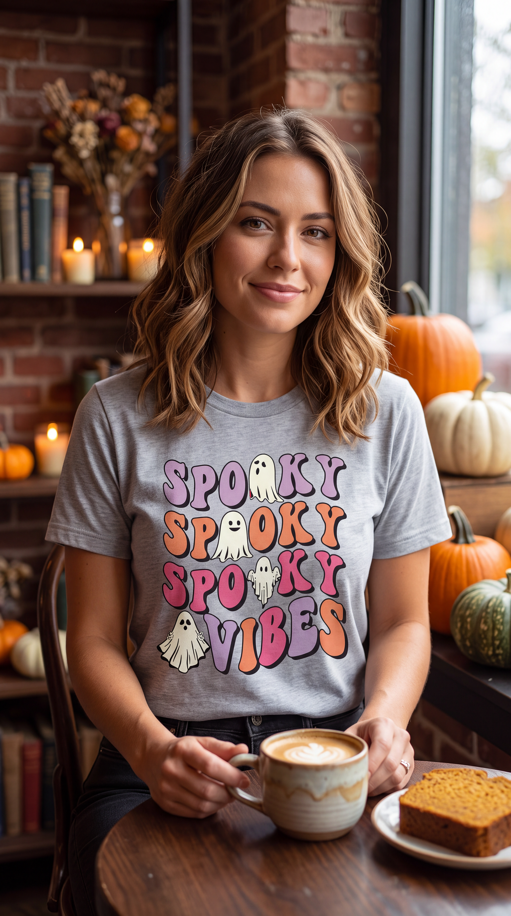 Woman wearing Heather Gray Spooky Vibes Halloween shirt with colorful ghost graphic in a fall cafe setting
