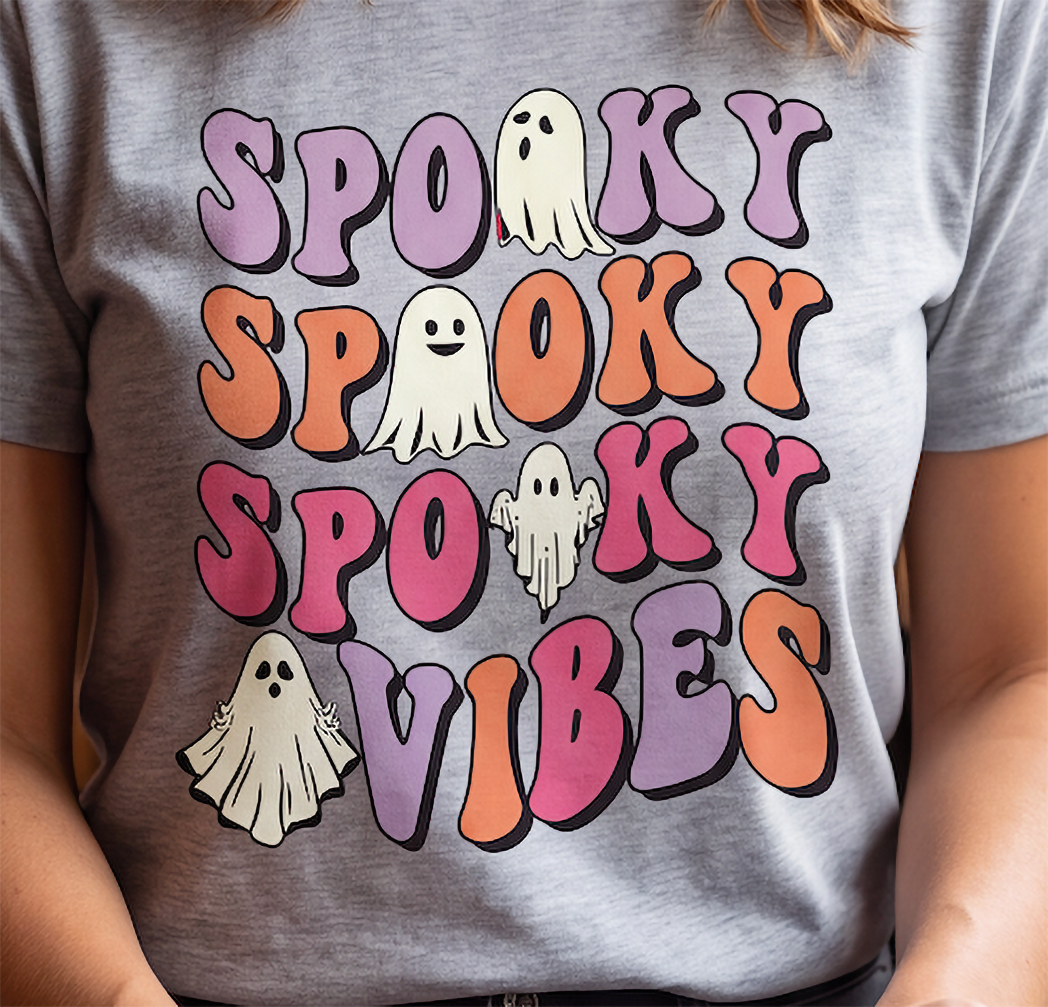 Close-up of Spooky Spooky Spooky Vibes ghost graphic printed on Heather Gray Halloween T-shirt