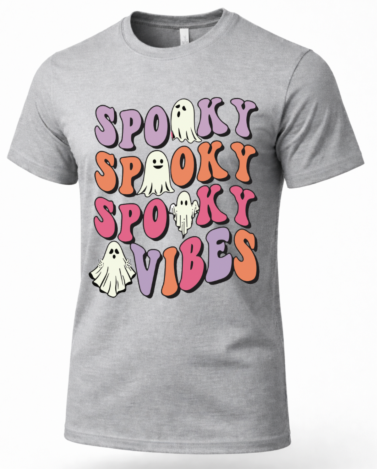 Heather Gray Spooky Vibes Halloween graphic T-shirt with purple, orange and pink lettering and ghost illustrations