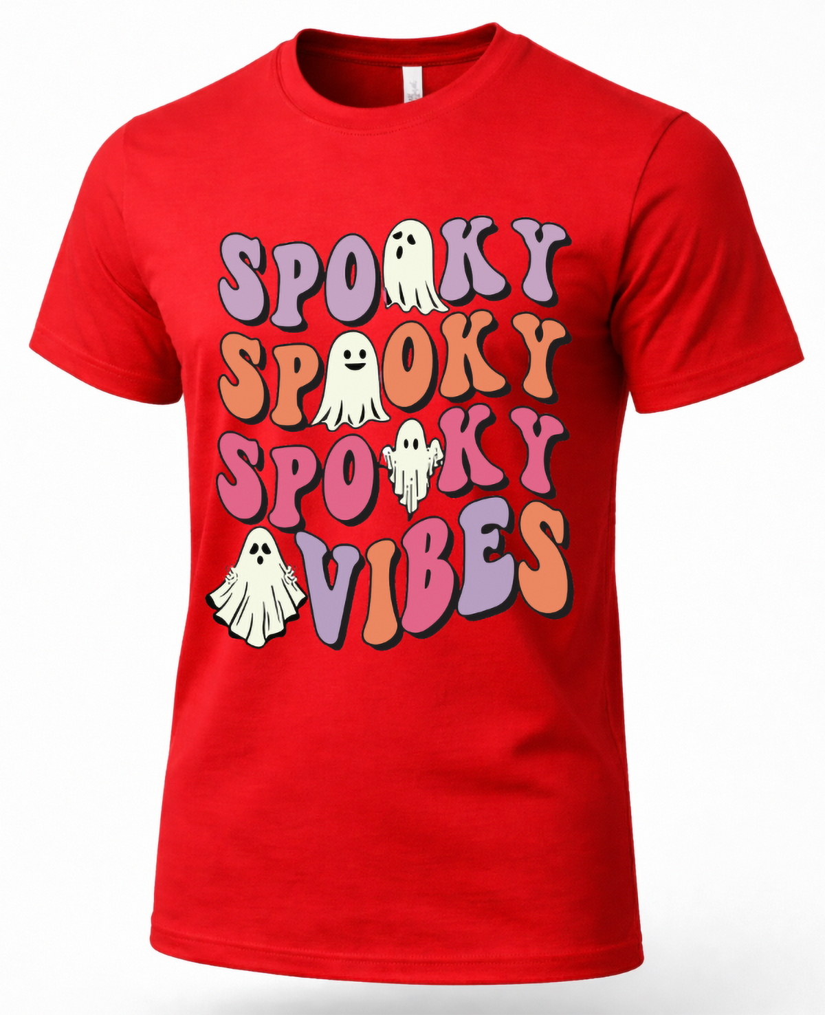 Red Spooky Vibes Halloween graphic T-shirt featuring colorful lettering and four illustrated ghosts