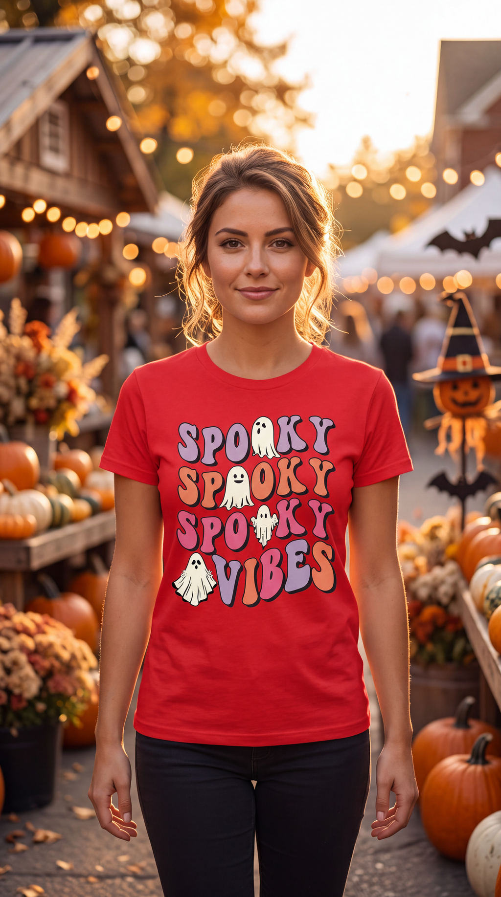 Woman wearing red Spooky Vibes Halloween shirt with colorful retro ghost graphic at an outdoor Halloween market