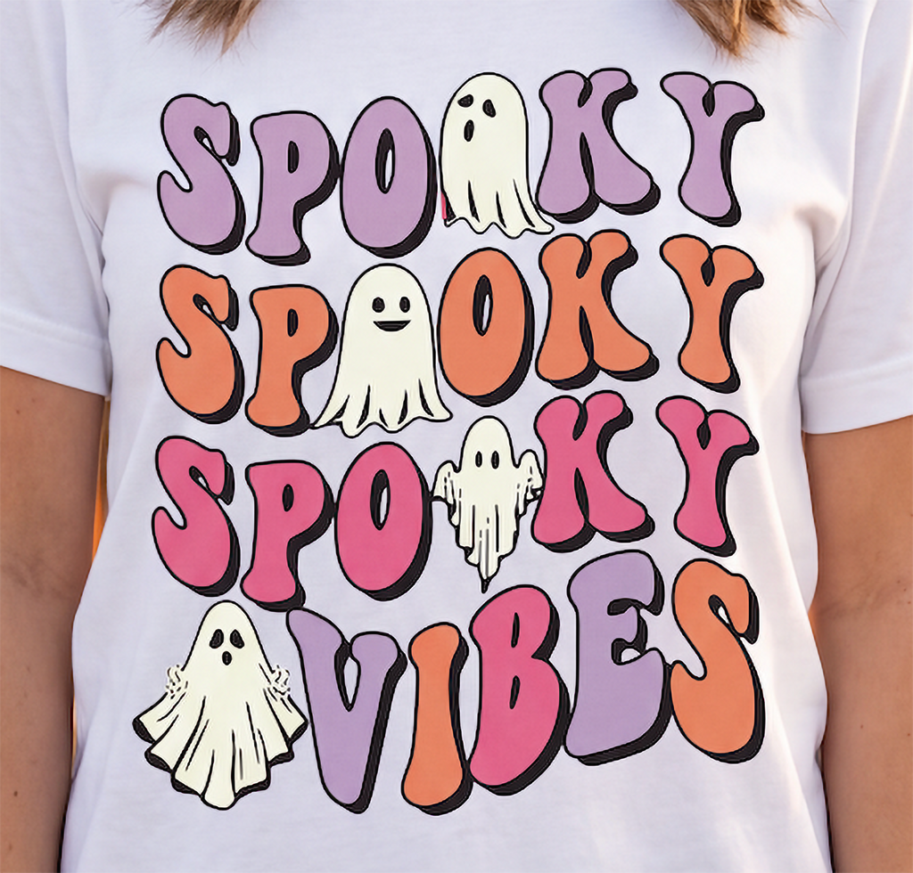 Close-up of colorful Spooky Vibes Halloween ghost graphic printed on white T-shirt