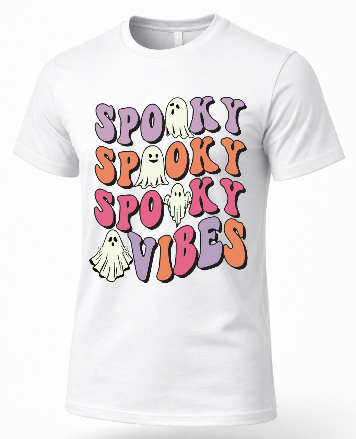 White Spooky Vibes Halloween graphic T-shirt featuring colorful retro lettering and four cute ghosts