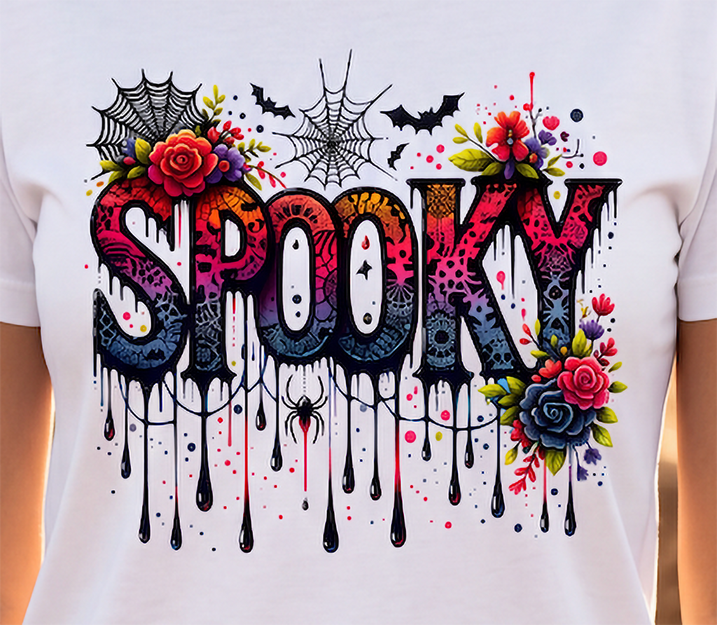 A close-up of a white T-shirt featuring a large, colorful 'Spooky' graphic print with dripping ink, roses, bats, and spiderwebs.